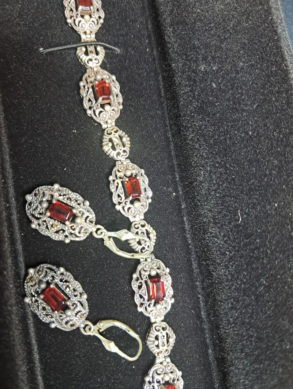 VTG 925 Sterling Silver Garnet Marcasite Filigree Link Bracelet & Earrings Set